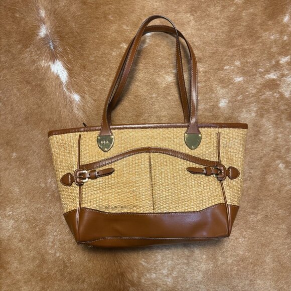 Ralph Lauren RLL Straw and Leather Tote Bag - Classic Tan with Buckle Detail - Picture 12 of 13
